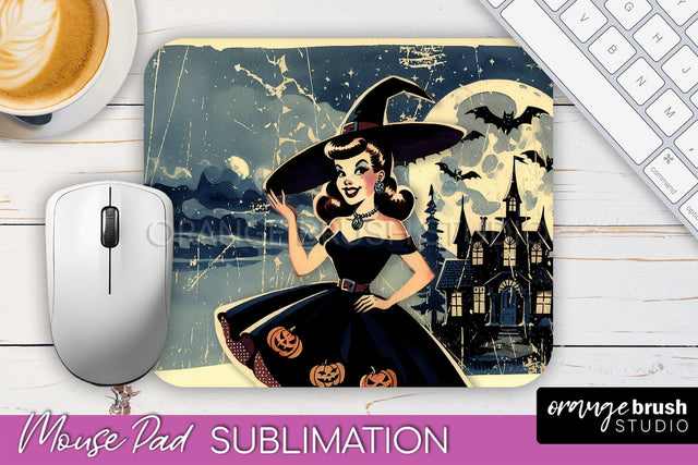 Retro Witch Mouse Pad - Halloween Mousepad Sublimation PNG Sublimation OrangeBrushStudio 