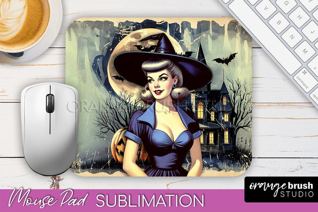 Retro Witch Mouse Pad - Halloween Mousepad Sublimation PNG Sublimation OrangeBrushStudio 