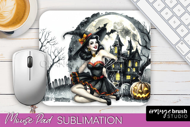 Retro Witch Mouse Pad - Halloween Mousepad Sublimation PNG Sublimation OrangeBrushStudio 