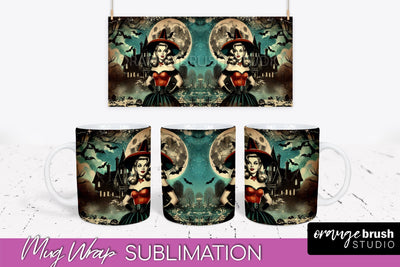 Retro Witch Mug Wrap - Vintage Halloween Mug Sublimation Sublimation OrangeBrushStudio 