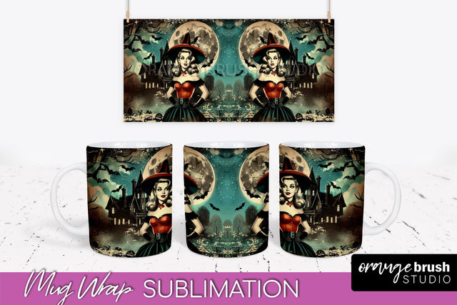 Retro Witch Mug Wrap - Vintage Halloween Mug Sublimation Sublimation OrangeBrushStudio 
