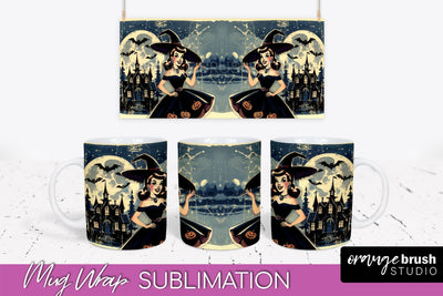 Retro Witch Mug Wrap - Vintage Halloween Mug Sublimation Sublimation OrangeBrushStudio 