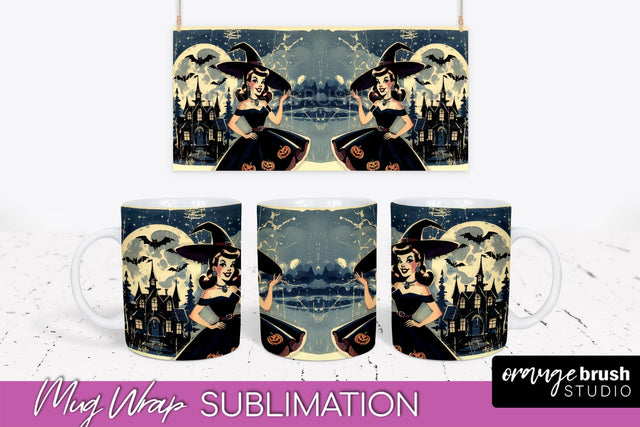 Retro Witch Mug Wrap - Vintage Halloween Mug Sublimation Sublimation OrangeBrushStudio 