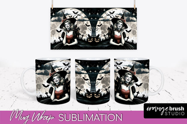 Retro Witch Mug Wrap - Vintage Halloween Mug Sublimation Sublimation OrangeBrushStudio 