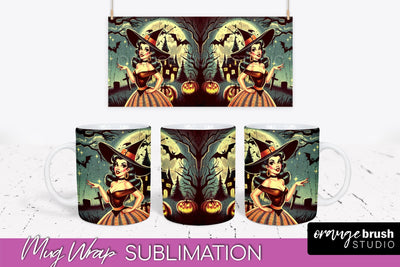 Retro Witch Mug Wrap - Vintage Halloween Mug Sublimation Sublimation OrangeBrushStudio 