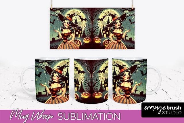 Retro Witch Mug Wrap - Vintage Halloween Mug Sublimation Sublimation OrangeBrushStudio 