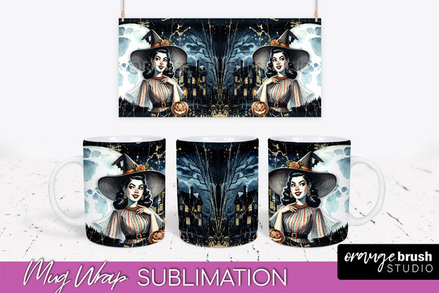 Retro Witch Mug Wrap - Vintage Halloween Mug Sublimation Sublimation OrangeBrushStudio 
