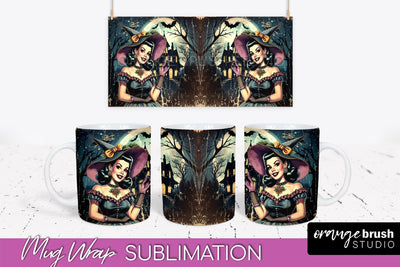 Retro Witch Mug Wrap - Vintage Halloween Mug Sublimation Sublimation OrangeBrushStudio 