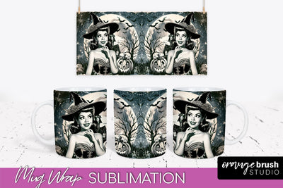 Retro Witch Mug Wrap - Vintage Halloween Mug Sublimation Sublimation OrangeBrushStudio 