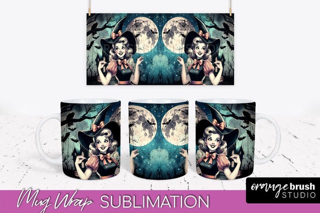 Retro Witch Mug Wrap - Vintage Halloween Mug Sublimation Sublimation OrangeBrushStudio 