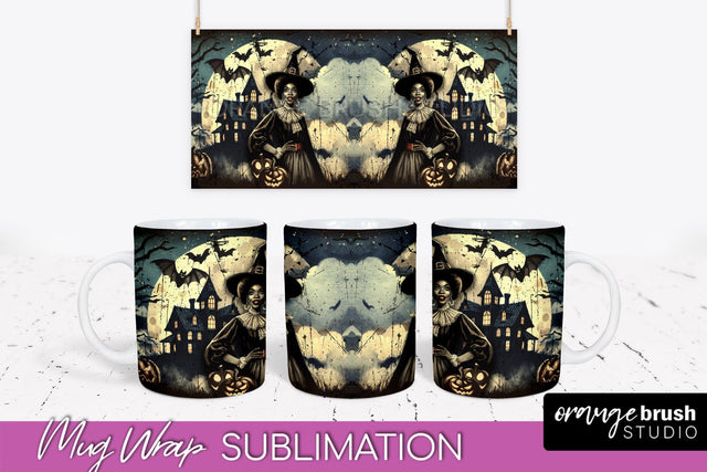Retro Witch Mug Wrap - Vintage Halloween Mug Sublimation Sublimation OrangeBrushStudio 