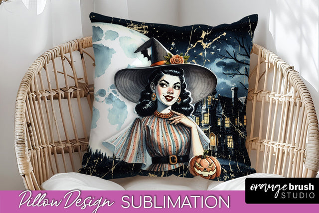 Retro Witch Pillow Cover - Halloween Pillow Sublimation PNG Sublimation OrangeBrushStudio 