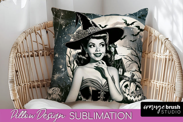 Retro Witch Pillow Cover - Halloween Pillow Sublimation PNG Sublimation OrangeBrushStudio 