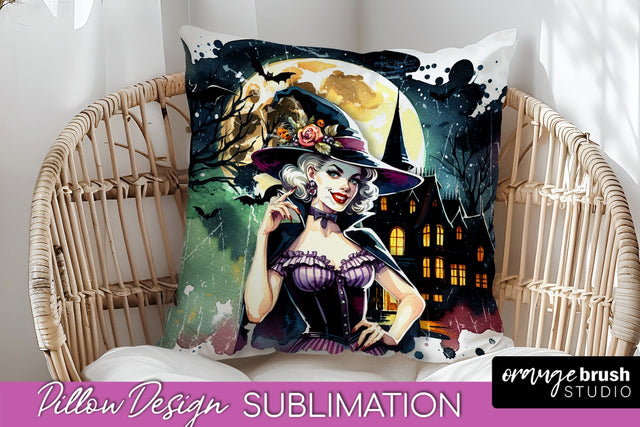 Retro Witch Pillow Cover - Halloween Pillow Sublimation PNG Sublimation OrangeBrushStudio 