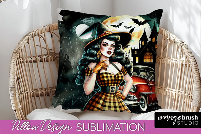 Retro Witch Pillow Cover - Halloween Pillow Sublimation PNG Sublimation OrangeBrushStudio 