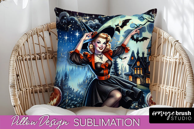 Retro Witch Pillow Cover - Halloween Pillow Sublimation PNG Sublimation OrangeBrushStudio 