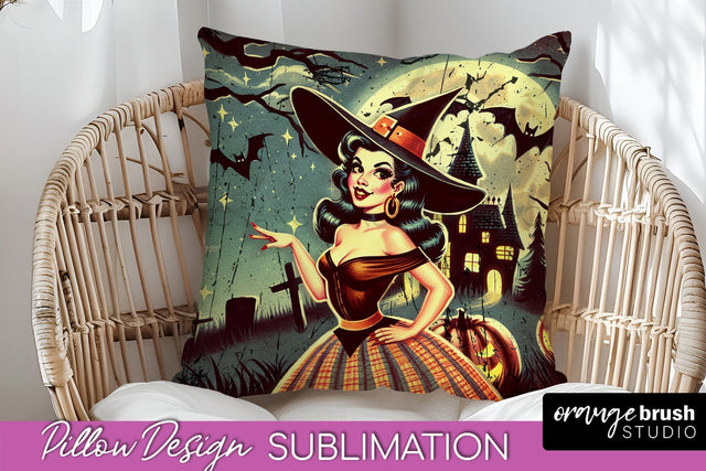 Retro Witch Pillow Cover - Halloween Pillow Sublimation PNG Sublimation OrangeBrushStudio 
