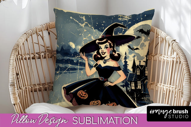 Retro Witch Pillow Cover - Halloween Pillow Sublimation PNG Sublimation OrangeBrushStudio 