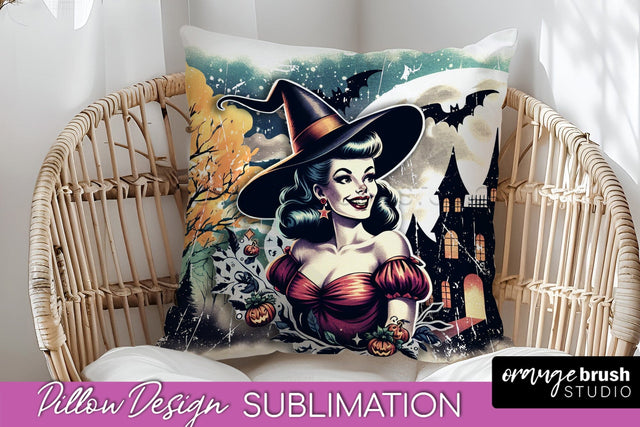 Retro Witch Pillow Cover - Halloween Pillow Sublimation PNG Sublimation OrangeBrushStudio 