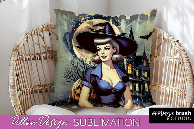 Retro Witch Pillow Cover - Halloween Pillow Sublimation PNG Sublimation OrangeBrushStudio 