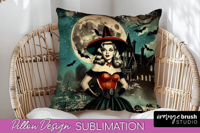 Retro Witch Pillow Cover - Halloween Pillow Sublimation PNG Sublimation OrangeBrushStudio 