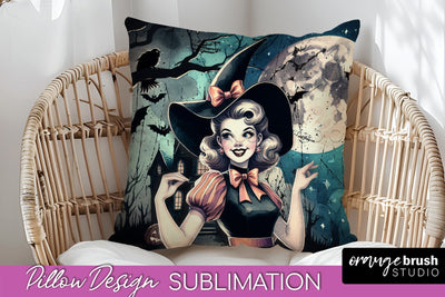 Retro Witch Pillow Cover - Halloween Pillow Sublimation PNG Sublimation OrangeBrushStudio 