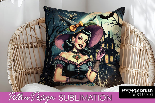 Retro Witch Pillow Cover - Halloween Pillow Sublimation PNG Sublimation OrangeBrushStudio 