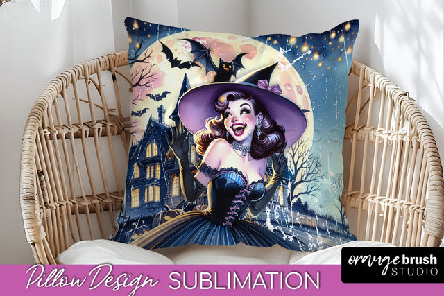 Retro Witch Pillow Cover - Halloween Pillow Sublimation PNG Sublimation OrangeBrushStudio 