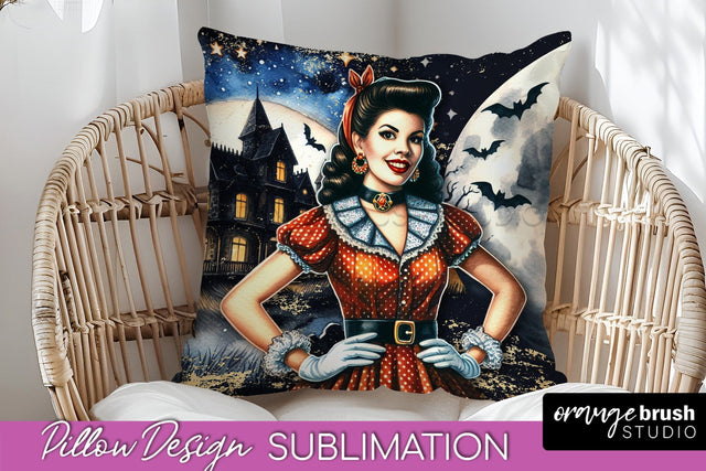 Retro Witch Pillow Cover - Halloween Pillow Sublimation PNG Sublimation OrangeBrushStudio 