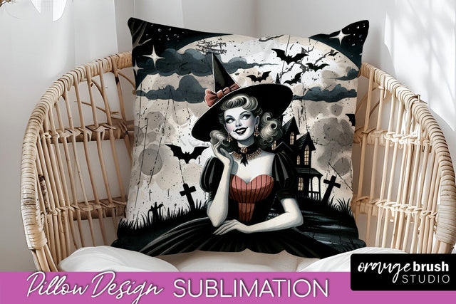 Retro Witch Pillow Cover - Halloween Pillow Sublimation PNG Sublimation OrangeBrushStudio 