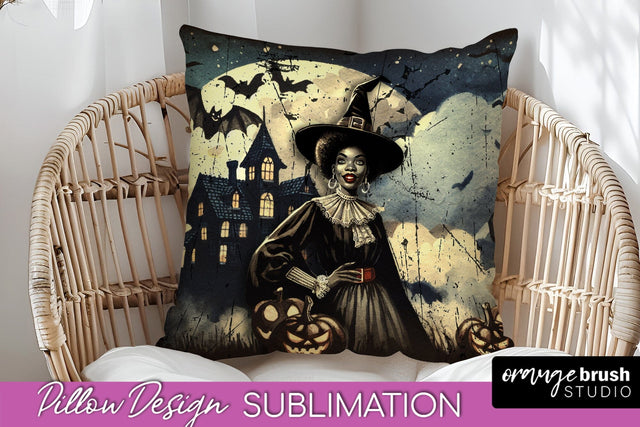 Retro Witch Pillow Cover - Halloween Pillow Sublimation PNG Sublimation OrangeBrushStudio 