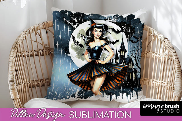 Retro Witch Pillow Cover - Halloween Pillow Sublimation PNG Sublimation OrangeBrushStudio 