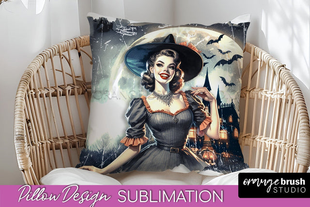 Retro Witch Pillow Cover - Halloween Pillow Sublimation PNG Sublimation OrangeBrushStudio 