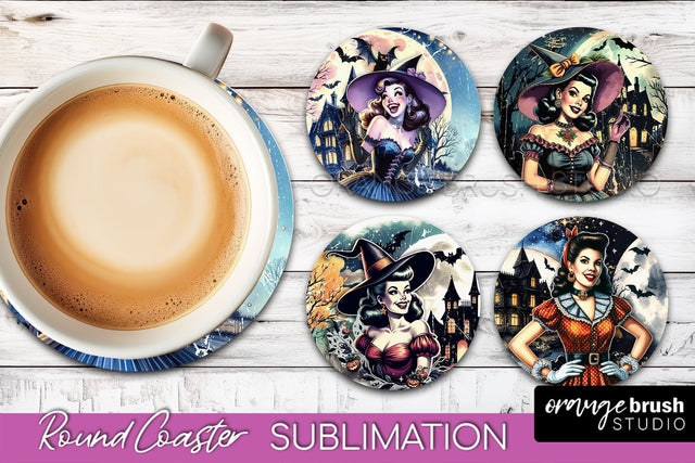 Retro Witch Round Coaster, Halloween Coaster Sublimation PNG Sublimation OrangeBrushStudio 