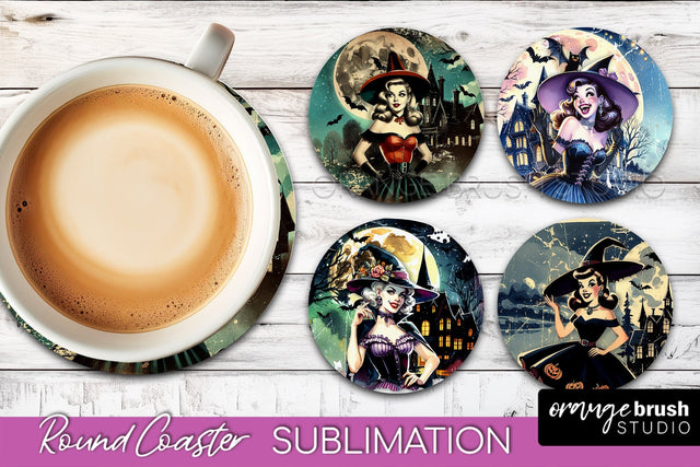 Retro Witch Round Coaster, Halloween Coaster Sublimation PNG Sublimation OrangeBrushStudio 