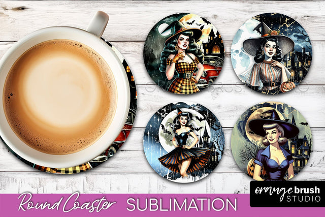 Retro Witch Round Coaster, Halloween Coaster Sublimation PNG Sublimation OrangeBrushStudio 