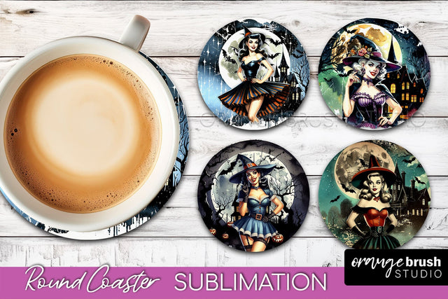 Retro Witch Round Coaster, Halloween Coaster Sublimation PNG Sublimation OrangeBrushStudio 