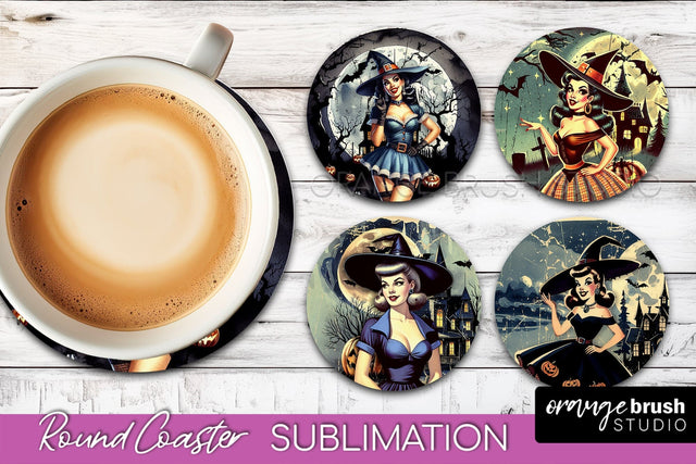 Retro Witch Round Coaster, Halloween Coaster Sublimation PNG Sublimation OrangeBrushStudio 