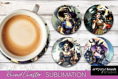 Retro Witch Round Coaster, Halloween Coaster Sublimation PNG Sublimation OrangeBrushStudio 