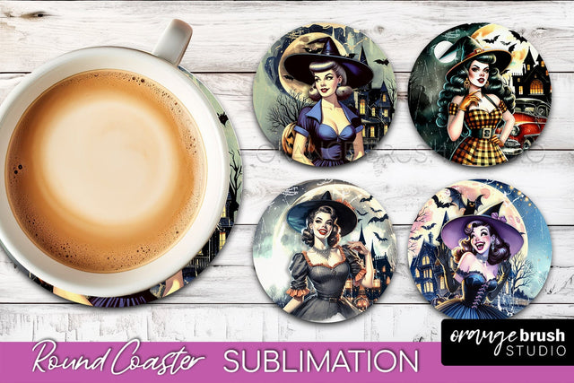 Retro Witch Round Coaster, Halloween Coaster Sublimation PNG Sublimation OrangeBrushStudio 