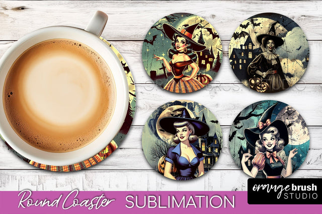 Retro Witch Round Coaster, Halloween Coaster Sublimation PNG Sublimation OrangeBrushStudio 