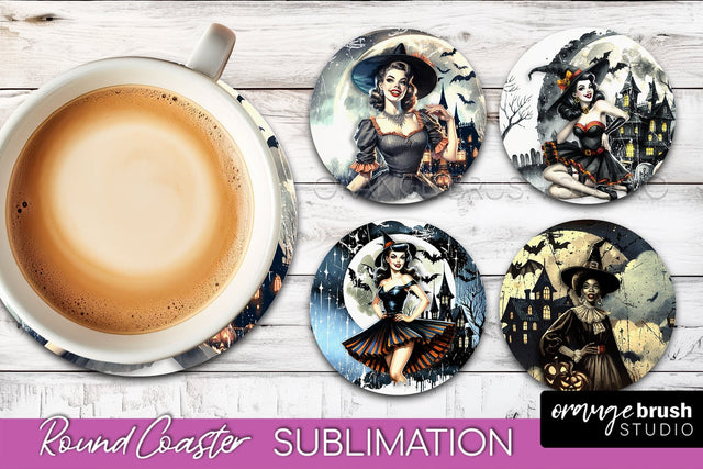 Retro Witch Round Coaster, Halloween Coaster Sublimation PNG Sublimation OrangeBrushStudio 