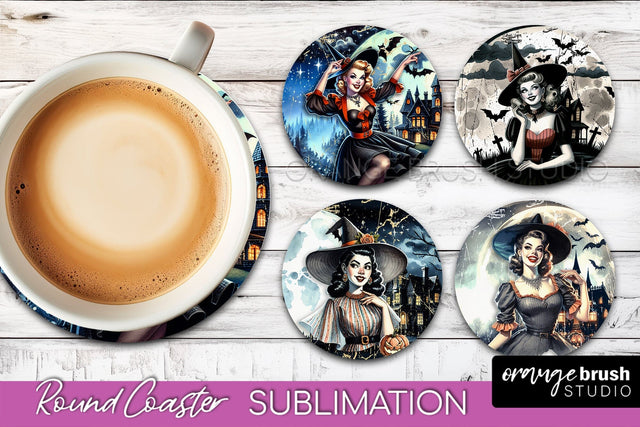 Retro Witch Round Coaster, Halloween Coaster Sublimation PNG Sublimation OrangeBrushStudio 