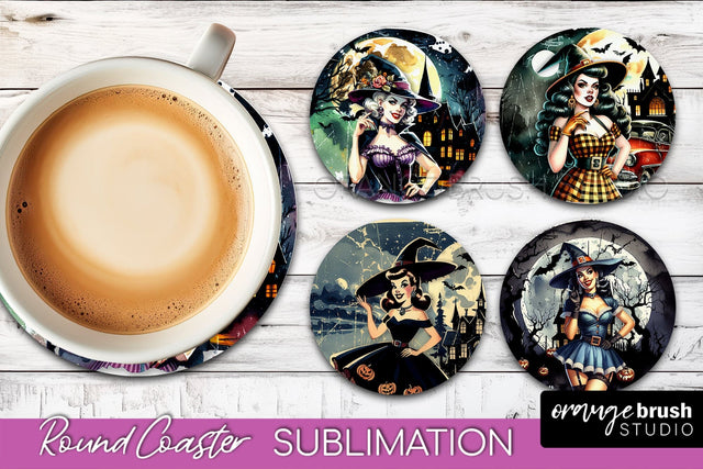 Retro Witch Round Coaster, Halloween Coaster Sublimation PNG Sublimation OrangeBrushStudio 