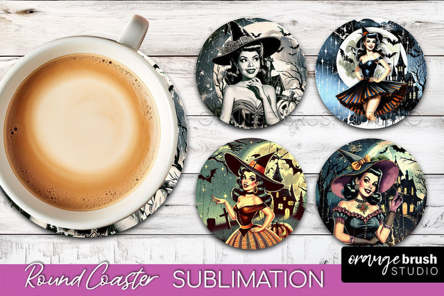 Retro Witch Round Coaster, Halloween Coaster Sublimation PNG Sublimation OrangeBrushStudio 