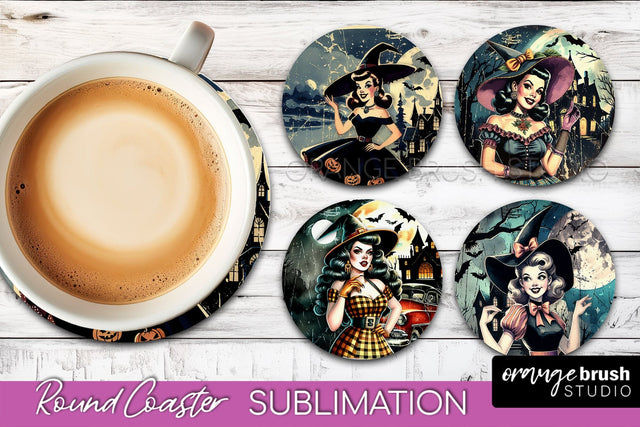 Retro Witch Round Coaster, Halloween Coaster Sublimation PNG Sublimation OrangeBrushStudio 