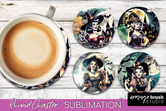 Retro Witch Round Coaster, Halloween Coaster Sublimation PNG Sublimation OrangeBrushStudio 