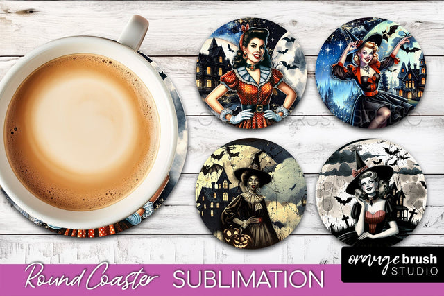 Retro Witch Round Coaster, Halloween Coaster Sublimation PNG Sublimation OrangeBrushStudio 