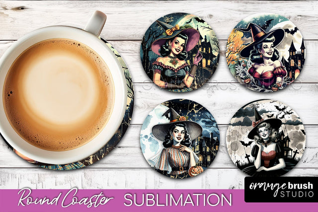 Retro Witch Round Coaster, Halloween Coaster Sublimation PNG Sublimation OrangeBrushStudio 