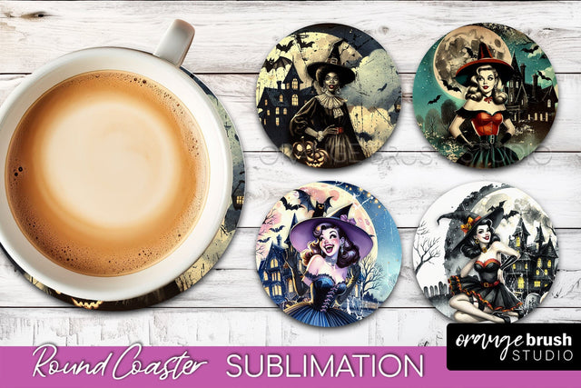 Retro Witch Round Coaster, Halloween Coaster Sublimation PNG Sublimation OrangeBrushStudio 